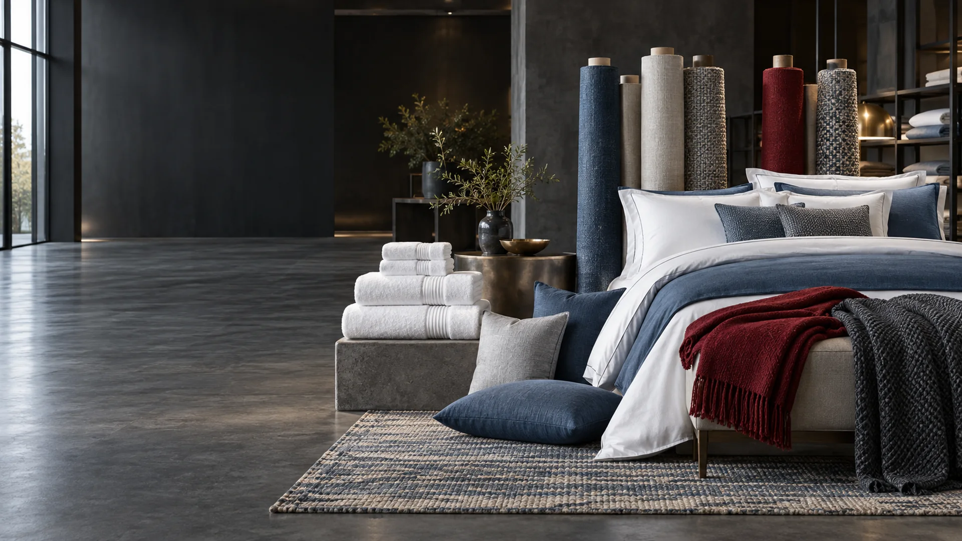 Coordinated Chinee bedding, towels, throws, rugs, and fabric rolls