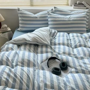 1.8 Bed 4pcs Bedding Set Breathable PillowCase Striped Fitted Sheet Soft Microfiber Polyester Duvet Cover Set for Home