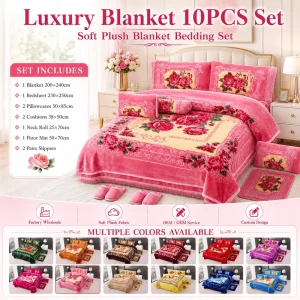 10 Pieces Raschel Blanket Bedding Set Soft Plush Winter Bed Blanket Set with Floor Mat and Slippers