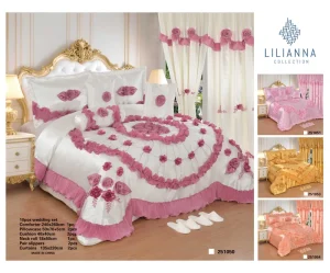 10 Pieces Wedding Bedding Set with Curtains and Slippers 3D Floral Applique Comforter Set for Bridal Room Decoration