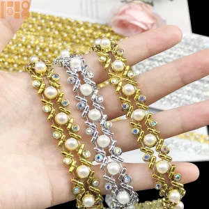 10 Yards 1.5cm Wide Gold Silver Pearl Rhinestone Chain Trim for DIY Jewelry Making Bridal Accessories Evening Dress Embellish