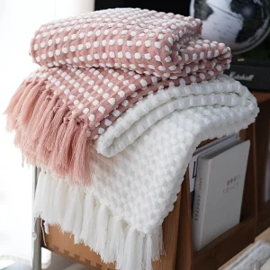 100% Acrylic Luxury Elegant Chic Throw Blanket Knitted With Fringe Tassel Custom Size for Couch and Bed Available in White