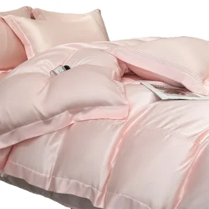 100% Bamboo Solid Fitted Sheet Set Duvet Cover Set King Size 300TC Hotel Quality with Stripe Embroidery Home 4 Piece Pink