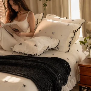 100% Bamboo Vintage 3 Piece Bedding Set with Ruffle Trim and Delicate Bow Embroidery Bed Sheet Set for All Seasons