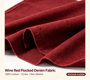 100% Cotton 12.4oz Woven Non Stock Flocked Twill Denim Fabric Burgundy 422GSM 150cm Width Heavyweight Kids Coat Jacket