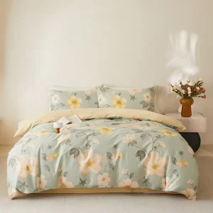 100% Cotton 4-Piece Bedding Set Pastoral Plant Floral Printed Duvet Cover Flat Sheet 200TC All-Season Home Dorm Bed