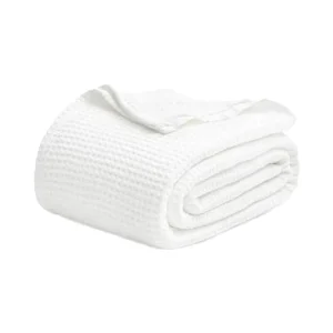 100% Cotton Bed Blanket Breathable Soft Waffle Weave Thick Cozy Summer Fall White Embroidered Knitted Women’s Gift