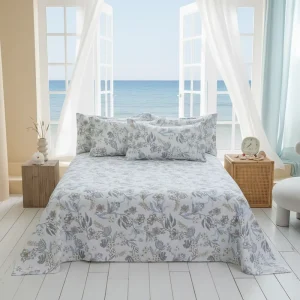 100% Cotton Blue Grey Floral 3 Piece Bed Sheet Set Skin Friendly Breathable Bedding with Pillowcases All Season Decor