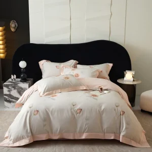 100% Cotton Breathable Eco-Friendly Four Piece Ruffled European Style Duvet Cover Set Plant Printed Pattern Woven King Bedding