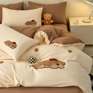 100% Cotton Brushed Bedding Set 4Pcs 3Pcs Cartoon Towel Embroidery Duvet Cover Sheet for Kids Dormitory Home