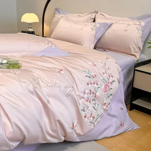 100% Cotton Embroidery Bedding Set Romantic Cherry Blossom Bed Sheet Set Duvet Cover Set