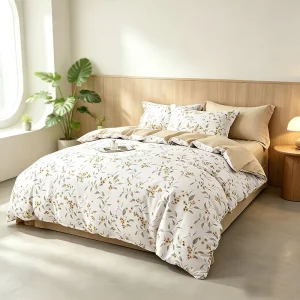 100% Cotton Foliage Print 4-Piece Bedding Set Twin Size All-Season Duvet Cover Flat Sheet & Pillowcases for Home Use