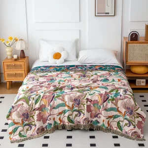 100% Cotton Gauze Bed Cover Summer Cooling Fringed Quilt Lightweight Throw Blanket for Sofa Bed & Homestay Decor