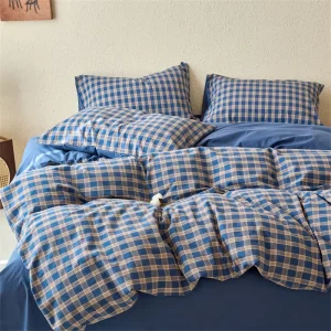 100% Cotton Gird Premium Washed Cotton Bedding Set Hotel Printed Duvet Cover Flat Sheet Pillowcase Yarn Dyed Home Bedding