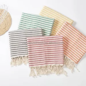 100% Cotton Hamam Towel Customized Turkish Beach Towel With Tassels Rectangular Woven