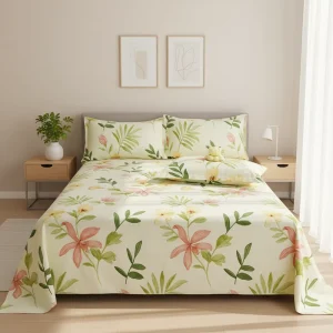 100% Cotton King Size Three Piece Sheet Set Plants Flowers Print Breathable Flat Sheet Pillowcase for Home Hospitals