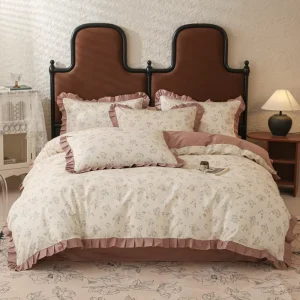 100% Cotton Korean 200TC Leaves Ruffle Duvet Cover Set Skin friendly Breathable Machine Washable King Size Bedding Set