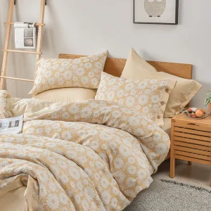 100% Cotton Modern Style Four Piece Bedding Set Beautiful Luxury Daisy Design Nature Comfort Soft Sheet Pillow Woven