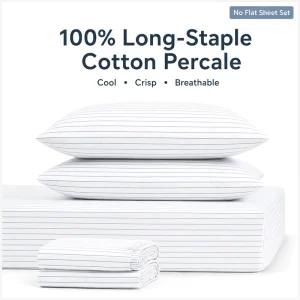 100% Cotton Percale Fitted Sheet Set Deep Pocket Stripe Bedding with Pillowcases OEM ODM Private Label