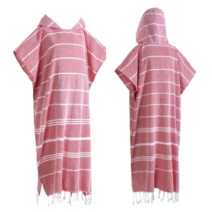 100% Cotton Quick Dry Hooded Beach Robe with Bag Turkish Surf Poncho Towel for Adults Kids Striped Pattern Plain Style