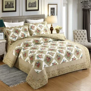 100% Cotton Quilted Coverlet 3Pcs Diamond Patchwork Floral Bedspread Washable Vintage Farmhouse Bedding for Bedroom Queen King