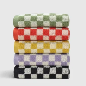 100% Cotton Retro Checkerboard Jacquard Face Towel Customized Bath Towel