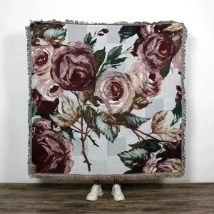 100% Cotton Rose Jacquard Blanket Modern Style Custom Woven Tapestry Throw with Tassel Four Seasons Hotel Use