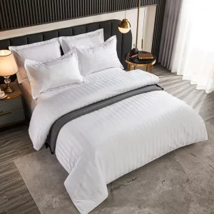 100% Cotton Satin Stripe Pure White Hotel Bedding 4 Piece Set for Hotels Guesthouses Homestays