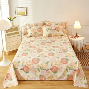 100% Cotton Soft Fresh Bed Sheet with Plant Flowers Pattern Washable Pillowcase for Home & Student Dormitory