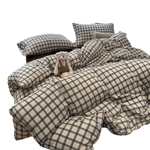 100% Cotton Striped Grid Bedding Set Minimalist Style Bed Sheet Set Fitted Sheet Duvet Cover Pillowcases Student Dorm Bedding