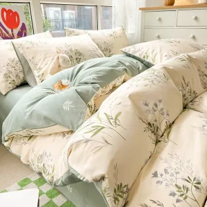 100% Cotton Twill Bedding Set Fresh Floral Print AB Sided Skin Friendly Breathable Duvet Cover Set Queen King for Home Bedroom