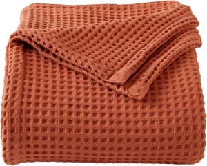 100% Cotton Weave Bed Blanket Soft Breathable and Lightweight Blanket Lightweight Luxury Waffle Cotton Blanket Orange