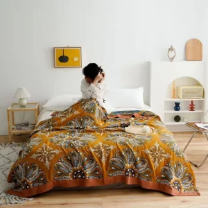 100% Cotton Woven 5-Layer Gauze Blanket Retro Floral Pattern Breathable Skin-Friendly Eco-Friendly Bed Throw Custom Sizes