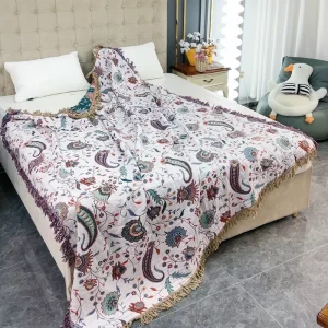 100% Cotton Woven Paisley Tassel Double Sided Reversible Fringed Blanket Bedding for Home & Hotel Use Four Seasons Custom Sizes