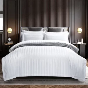 100% Cotton Woven Satin Stripe Embroidery Duvet Cover Set 300TC Plain Style Customizable King Queen Size Luxury Hotel Bedding