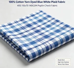 100% Cotton Yarn Dyed Blue White Plaid Poplin Fabric 40*40 110×70 140GSM Plain Weave Shirts Sleepwear Bedding Home Textiles