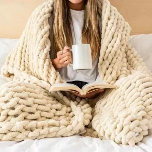 100% Hand Knit Chunky Throw Blanket Eco friendly Soft and Cozy Knitted Chenille Blankets