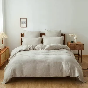 100% Linen Duvet Cover Set With Washed French Flax 3 Pieces (1 Comforter Cover 2 Pillowshams) Basic Border Design Bedding Set
