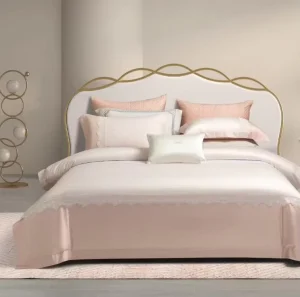 100% Long staple Cotton Lace trimmed Dreamy Pink Four Piece Bedding Set Soft Breathable and Moisture wicking Duvet Cover