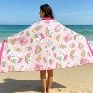 100% Microfiber Custom Design Beach Towel Super Absorbent Quick Dry Portable Pink Families Friendly Pool Beach Towel