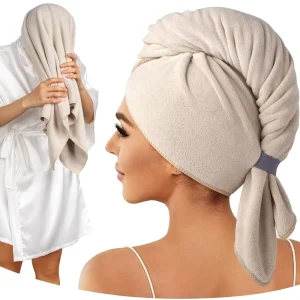 100% Microfiber Hair Towel Super Absorbent Towel Wrap with Elastic Loop Large Curly Hair Towel for Women Long Thick Hair