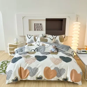 100% Natural Cotton Queen Size Duvet Cover Set Heart Printed Pattern Soft Comforter Quilt Covers