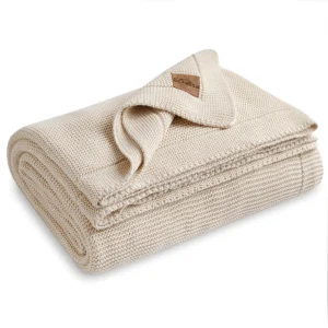 100% Organic Cotton ALINA Blanket 130*150 Knitted Home Crochet Cable Knit Beige Bed