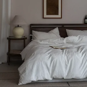 100% Organic Cotton Color Weave Jacquard Washed Cotton Textured Simple White Duvet Cover Set