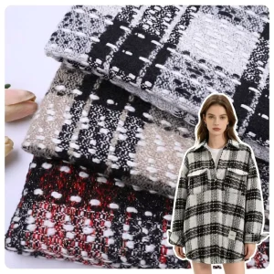 100% Polyester Coarse Spun Check Fabric Vintage Black White Plaid Thick Woven Material for Women Oversized Shacket Apparel