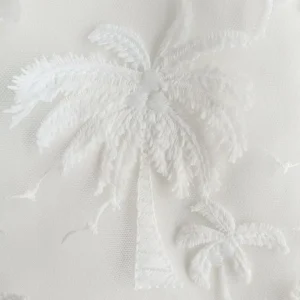 100% Polyester Mesh Fabric with White Palm Tree Embroidery Perfect for Fashionable Designs