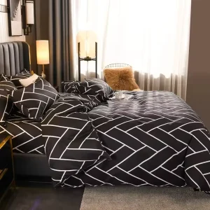 100% Polyester Microfiber Bedding Set Black Geometric Print 4 Pcs Duvet Cover Set Fitted Sheet Korean Nordic Home