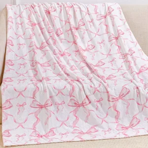 100% Polyester Printed Eco-Friendly Customized Pink Bow Soft Air Conditioner Throw Woven All-Season Travel Bed Fleece Flannel