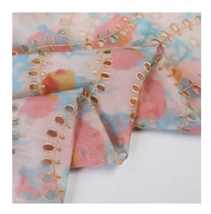 100% Polyester Printed Eyelet Embroidery Fabric with Metallic Thread for Summer Dresses Bags Weddings Accessories