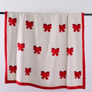 100% Polyester Red Bow Jacquard Customized 50*60 1010g Knit Throw Blanket for Travel Bedding